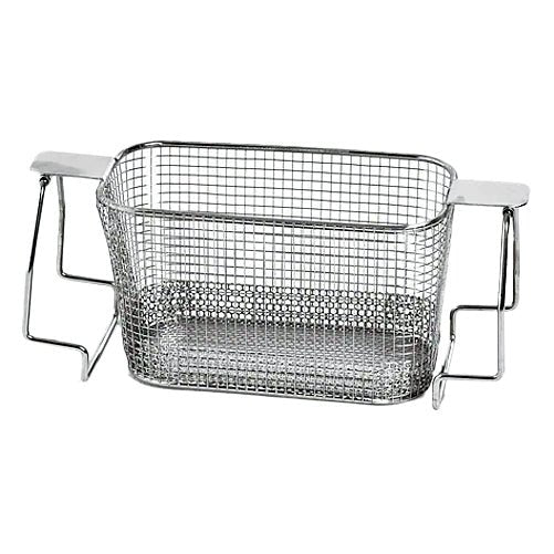Perforated bottom ultrasonic basket by Crest Ultrasonics with chrome finish and elevated supports.