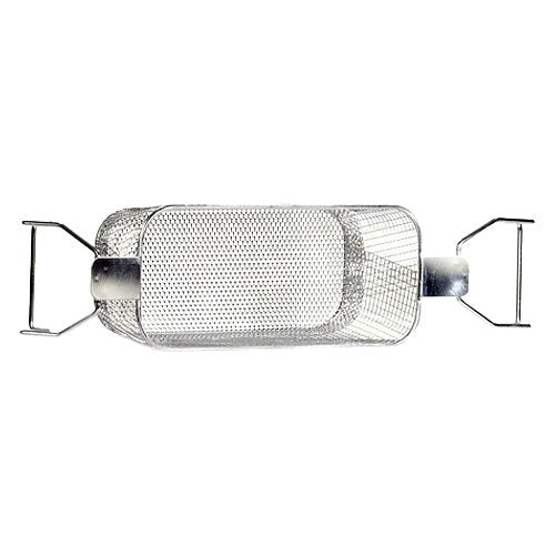 Perforated bottom ultrasonic basket from Crest Ultrasonics with metal handles on each side.