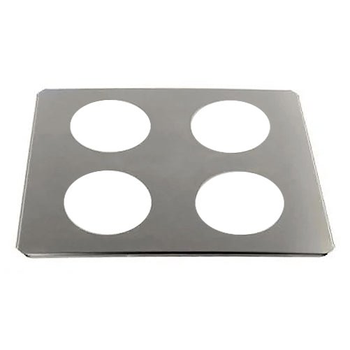 Stainless steel beaker cover by Crest Ultrasonics with four circular openings.