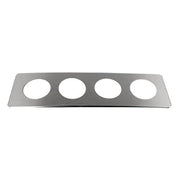 Stainless steel beaker cover by Crest Ultrasonics with four circular cutouts, seen at an angle.