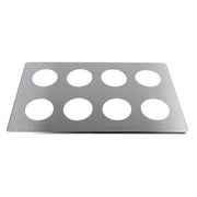 Stainless steel beaker cover by Crest Ultrasonics with eight holes, overhead shot.