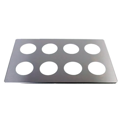 Stainless steel beaker cover by Crest Ultrasonics featuring eight holes for 250ml beakers.