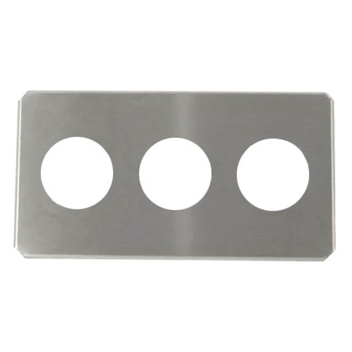 Stainless steel beaker cover by Crest Ultrasonics with three evenly spaced holes.