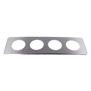 Stainless steel beaker cover by Crest Ultrasonics with four circular openings, overhead angle.