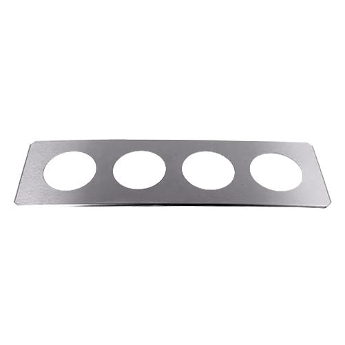 Stainless steel beaker cover by Crest Ultrasonics with four circular openings, overhead angle.