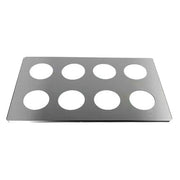 Stainless steel beaker cover by Crest Ultrasonics with eight circular openings arranged in two rows.