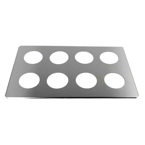 Stainless steel beaker cover by Crest Ultrasonics with eight circular openings arranged in two rows.
