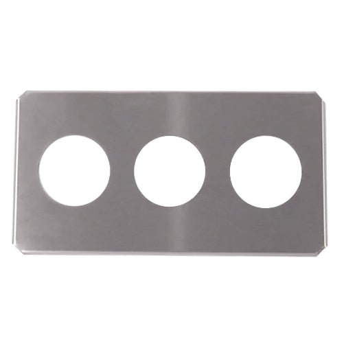 Stainless steel beaker cover by Crest Ultrasonics with three circular cutouts.