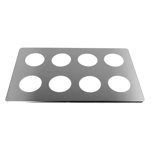 Stainless steel beaker cover by Crest Ultrasonics with eight round holes, for 600ml beakers.