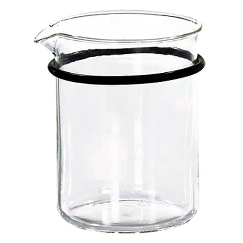 Clear glass beaker 250ml from Crest Ultrasonics featuring a black rubber grip.