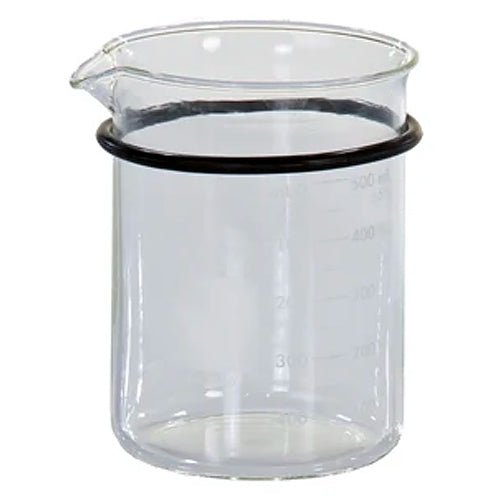 Glass beaker 600ml from Crest Ultrasonics with volume measurements and a black rubber ring.