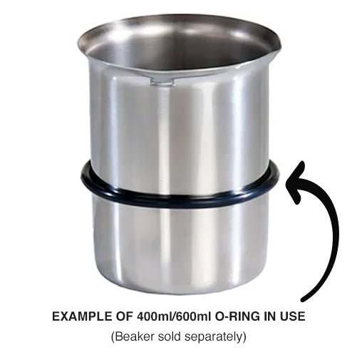 O-rings for 400/600ml beakers by Crest Ultrasonics, shown installed on a stainless steel beaker.