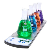 BenchMate Magnetic Stirrers by Oxford Lab Products with four Erlenmeyer flasks in green, blue, orange and purple.