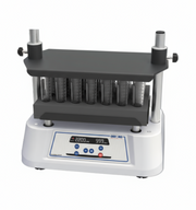 Laboratory mixer by Oxford Lab Products featuring a tube rack and digital display on a white base.