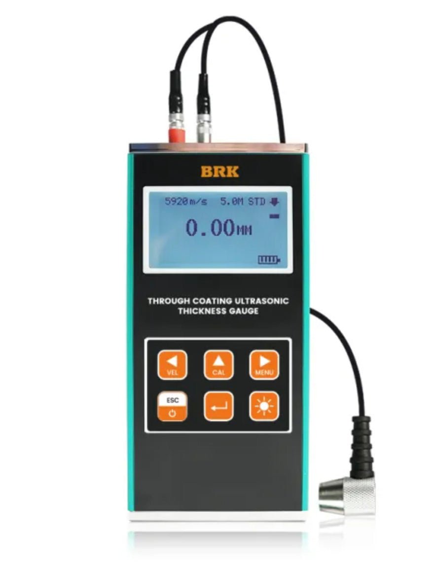 Through coating ultrasonic thickness gauge by BRK with a digital display, buttons, and cables.
