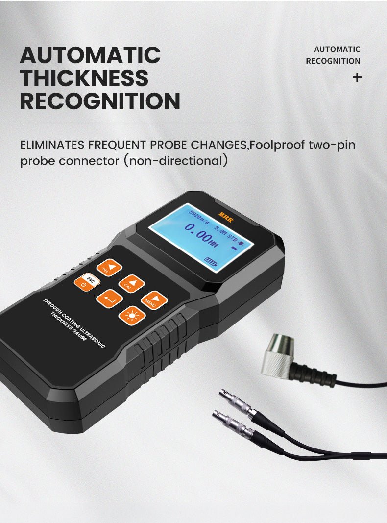 Black ultrasonic thickness gauge by BRK with a screen displaying 0.00mm, next to the probe connector.