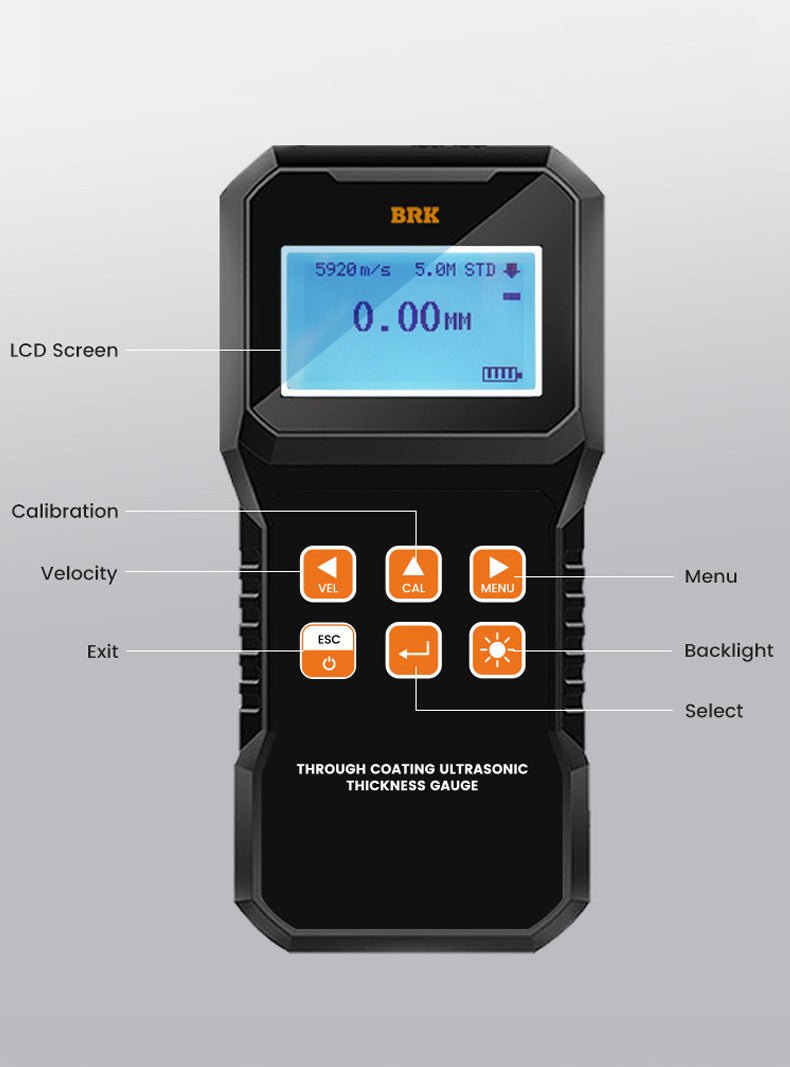 Through coating ultrasonic thickness gauge by BRK, featuring a digital display, multiple function buttons, and a rugged black casing.

