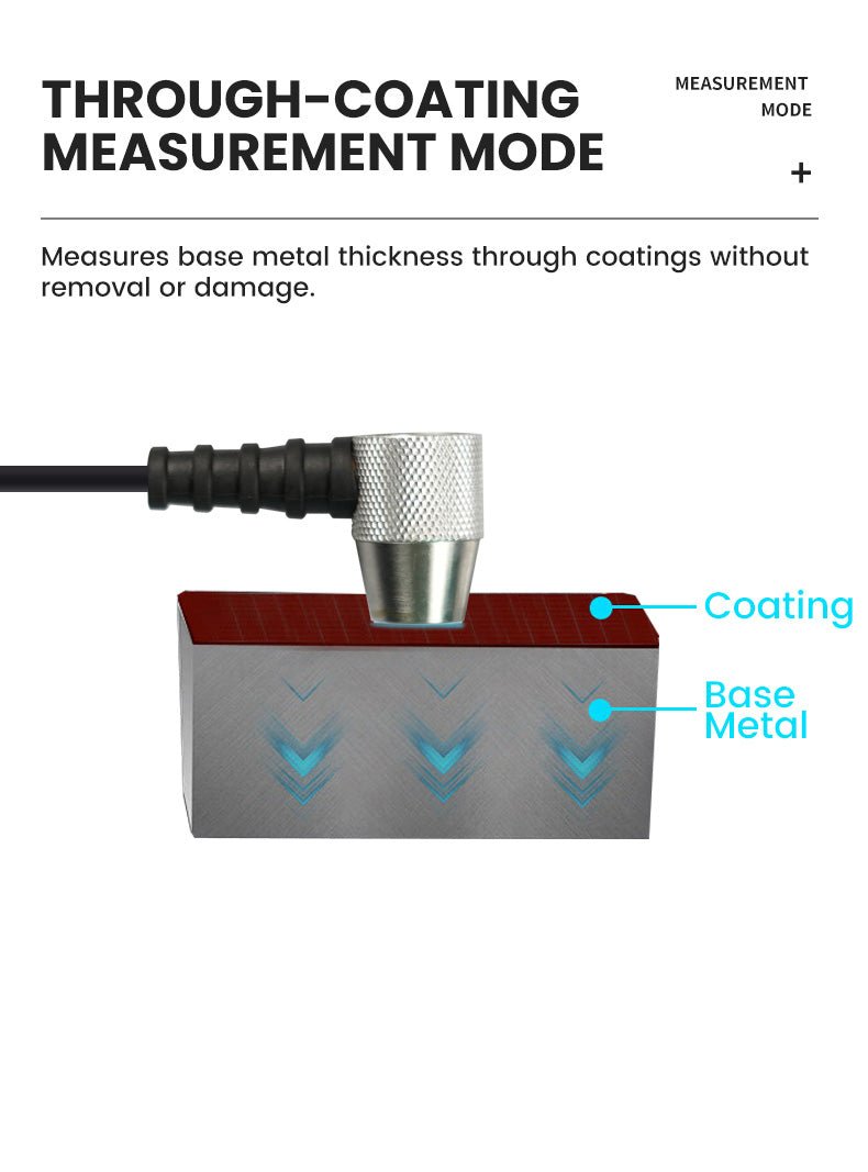 Ultrasonic thickness gauge for coating by BRK, showing measurement mode and base metal reading.
