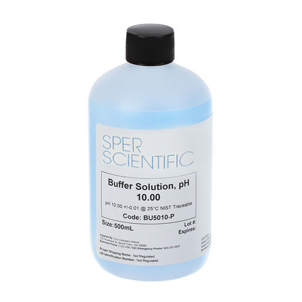 Blue buffer solution by Sper Scientific in a clear plastic bottle with a black cap.