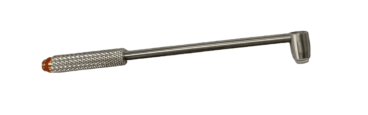Metallic right angle probe by BRK with a knurled grip, an orange O-ring, and a golden band.