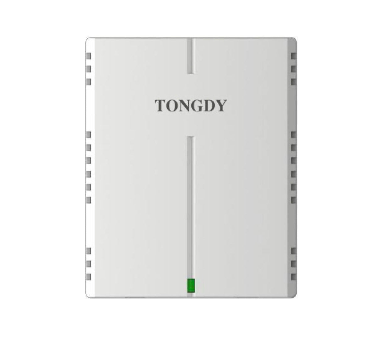 White carbon monoxide monitor by Tongdy with vertical recessed stripe and green indicator light.