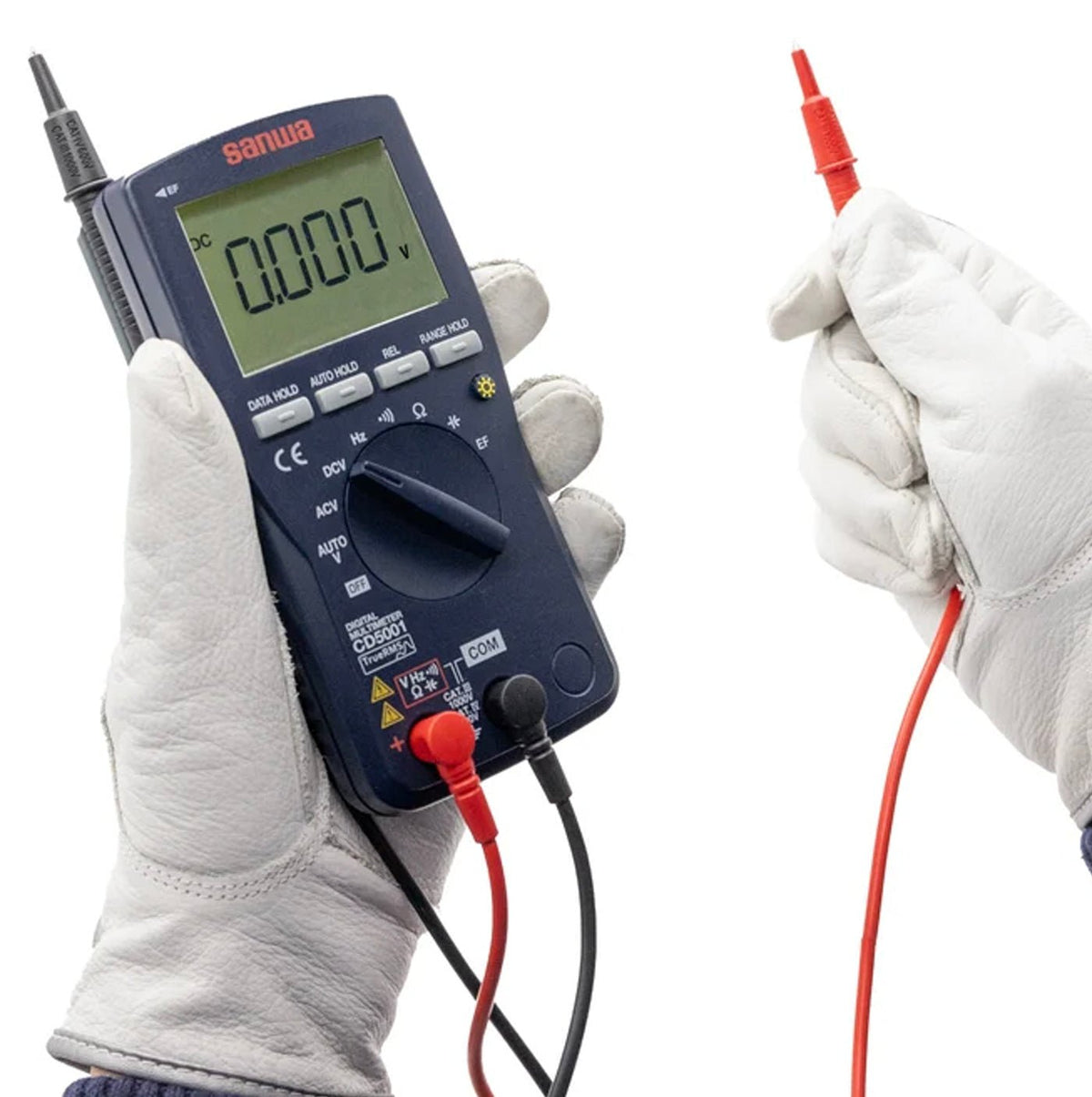 Digital multimeter with True RMS and EF Sensing by Sanwa, held in gloved hands with red and black test leads.
