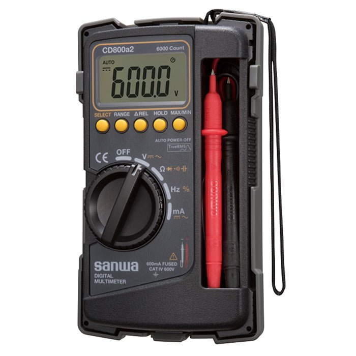 Digital multimeter with tough body cover by Sanwa, featuring an LCD screen and test leads.