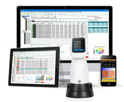 Colorimeter by 3nh, with software displayed on a monitor, tablet, and smartphone.