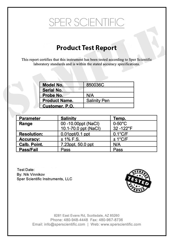 Conductivity Sensor Test Report - Certification New – Sper Scientific ...