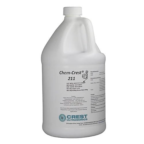 One gallon of ultrasonic cleaning solution by Crest Ultrasonics in a white plastic jug with a handle.