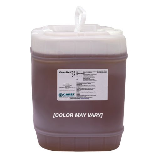 Brown five gallon pail of ultrasonic cleaner solution by Crest Ultrasonics, with a white plastic handle and label.