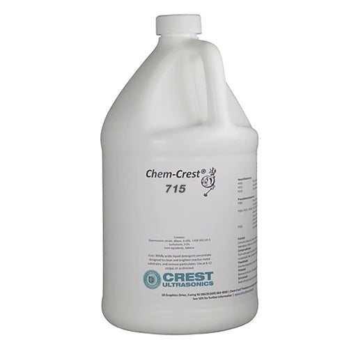One-gallon container of ultrasonic cleaning solution by Crest Ultrasonics, showing product labeling and specifications.