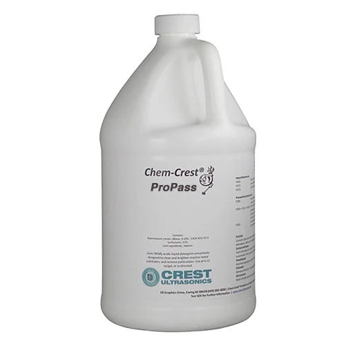 One gallon container of Chem-Crest ProPass by Crest Ultrasonics, featuring a built-in handle and white color.
