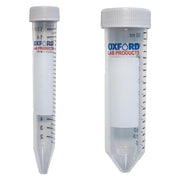 Clear conical centrifuge tubes from Oxford Lab Products, with molded graduation marks and a white label for writing on.
