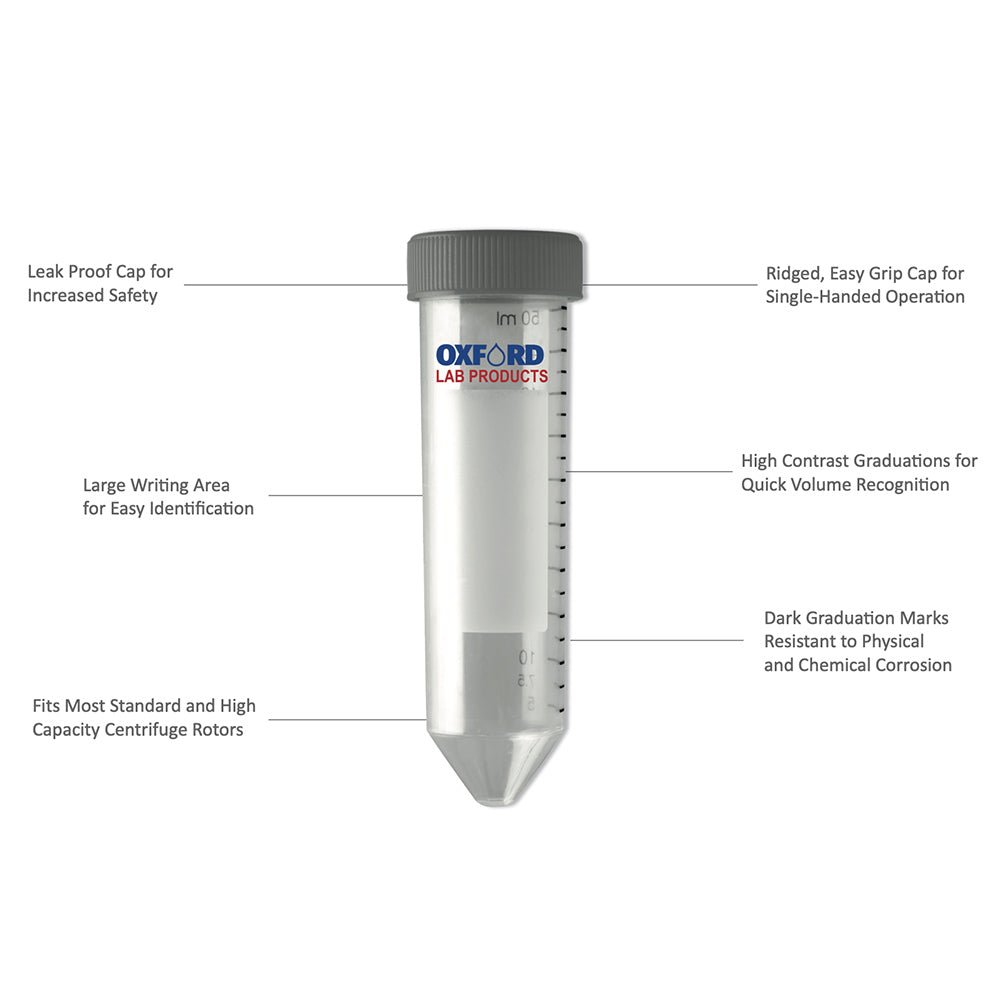 Clear conical centrifuge tube by Oxford Lab Products with graduated markings and a ridged, leak-proof gray cap.