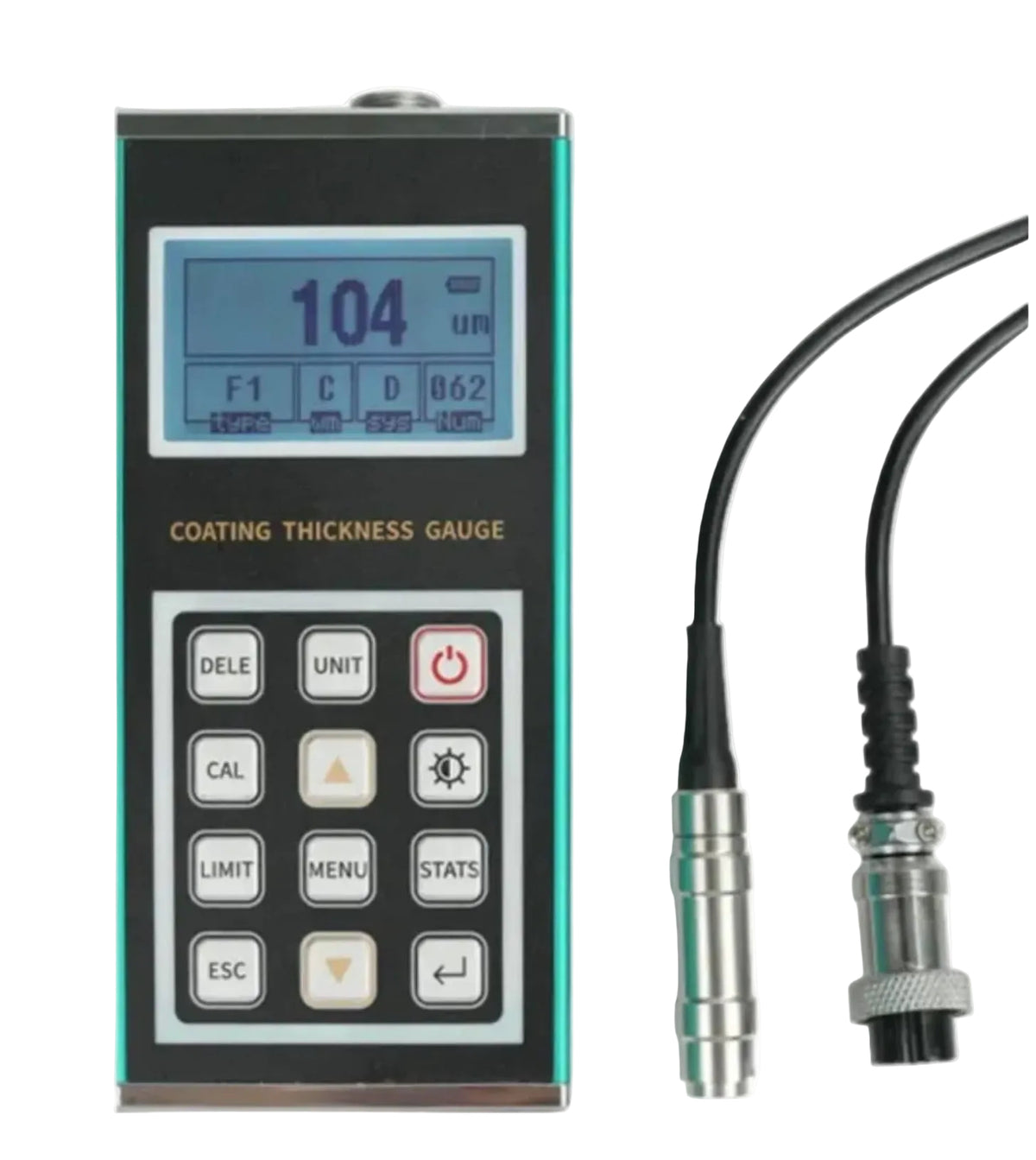 Coating thickness gauge by BRK with a digital screen and various buttons, along with two wired probes.