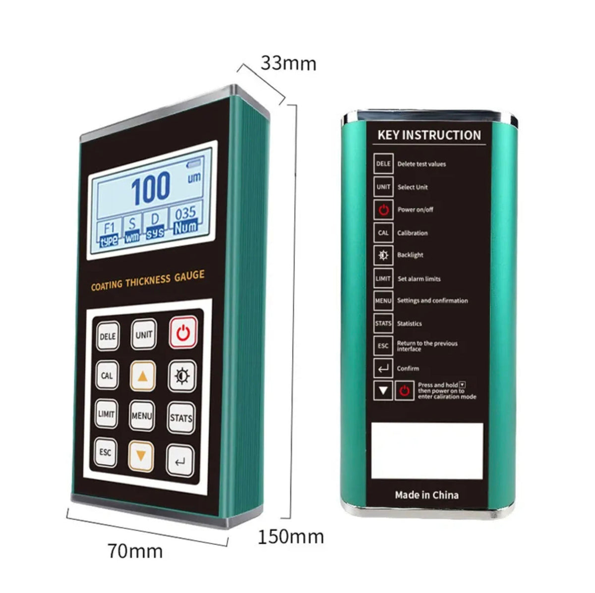 Coating thickness gauge by BRK with key instruction chart, dimensions shown.