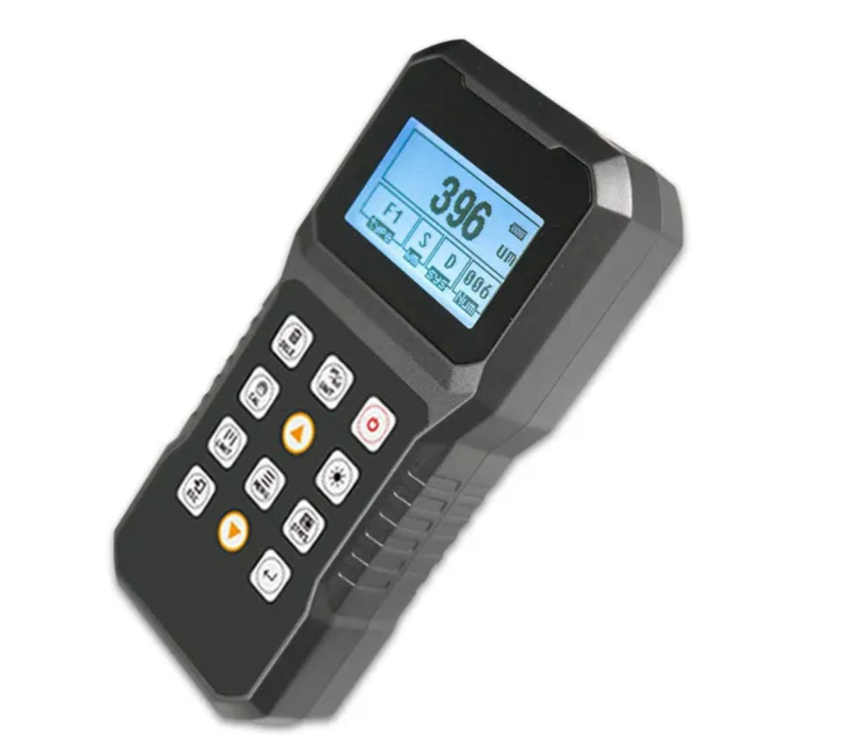 Gray coating thickness gauge by BRK, displaying "396 um" on its backlit screen, with an array of buttons.