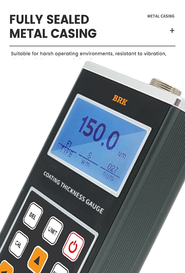 Coating thickness gauge by BRK with a black metal casing and digital display reading "150.0".
