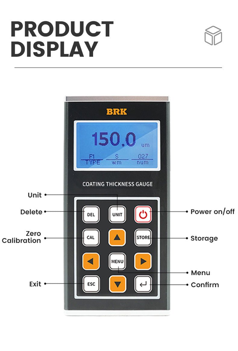 Coating thickness gauge by BRK showing a blue screen with several control buttons.