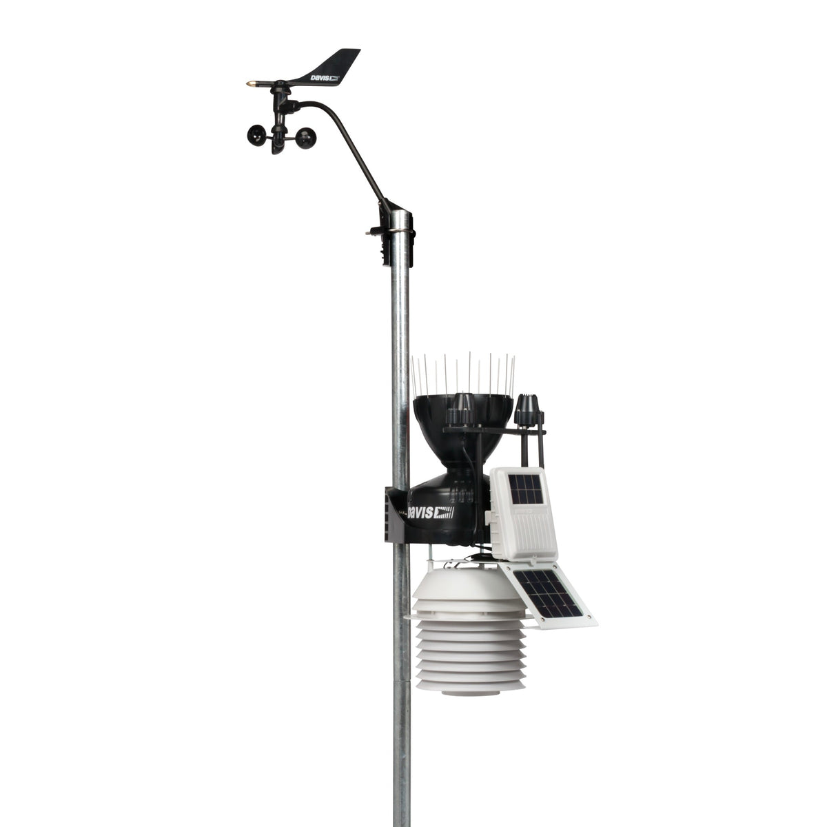 Complete weather station with anemometer by Davis Instruments, mounted on a gray pole with a radiation shield and a solar panel.
