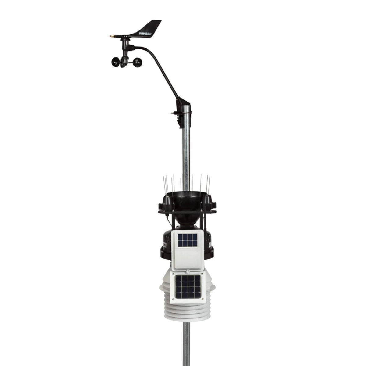 Automatic weather station by Davis Instruments with anemometer and solar panels on a metal pole.