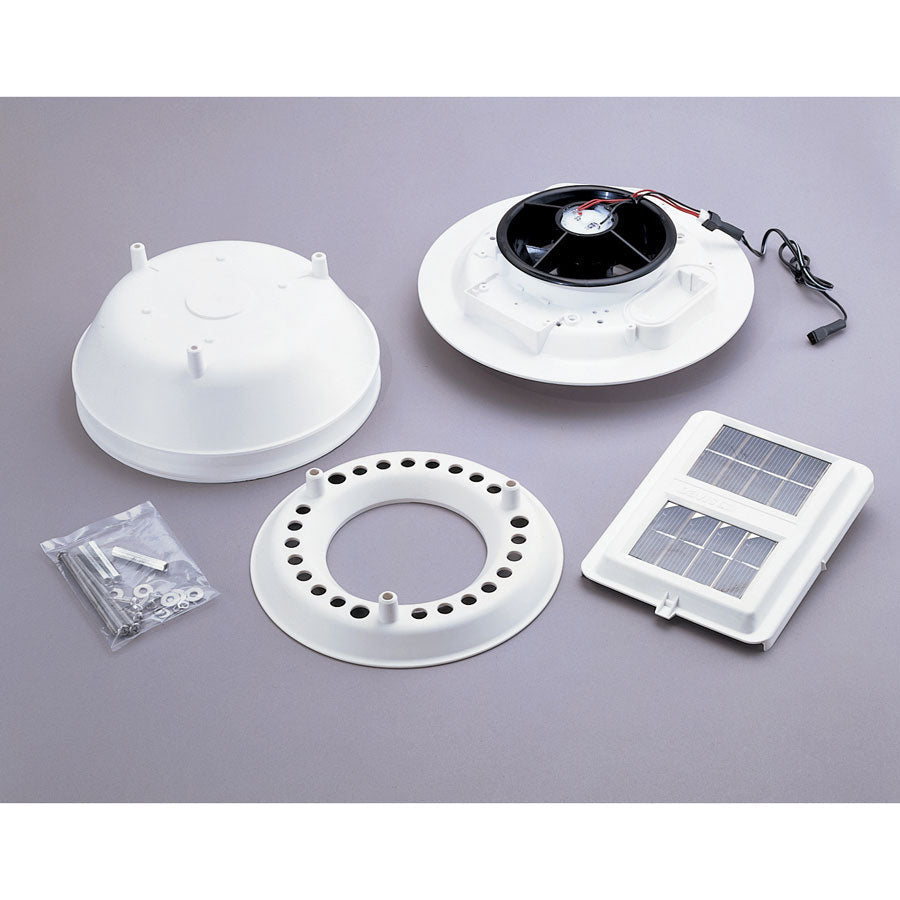 Accessory daytime fan aspirated radiation shield kit from Davis Instruments, showing components laid out on a gray surface.