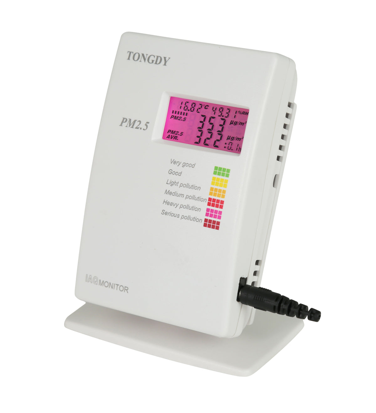 White PM 2.5 Particulate Monitor by Tongdy displaying air quality levels with a connected black power cord.
