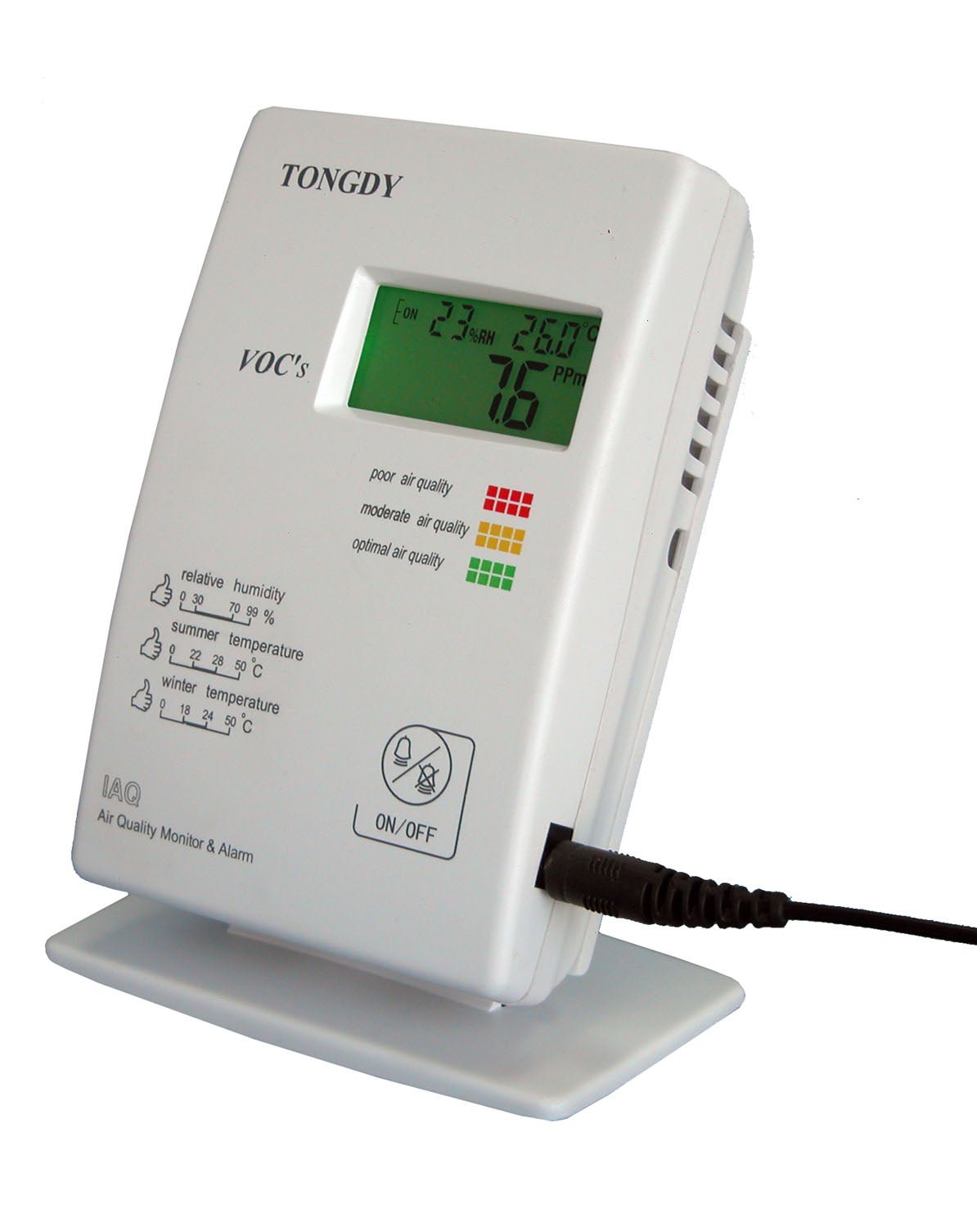 White air quality monitor by Tongdy with a digital display showing indoor readings on a white stand.