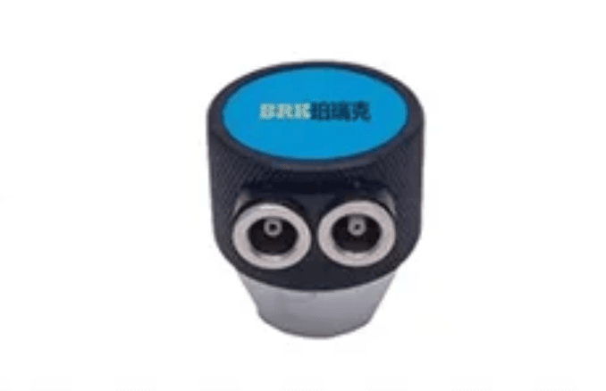 Dual crystal straight probe for flaw detectors by BRK, featuring a black knurled grip and silver connector ports.
