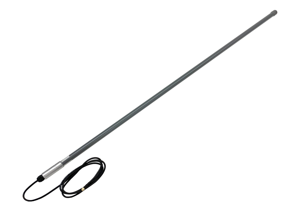 Gray long range antenna by Davis Instruments with a short black cable on a white background.
