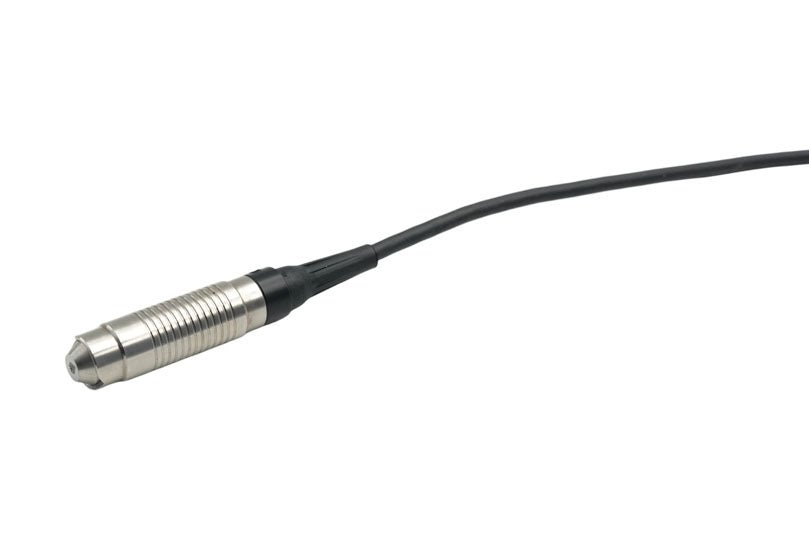 F400 probe for coating thickness gauge by BRK, with a silver, ridged metal tip and a black cable.
