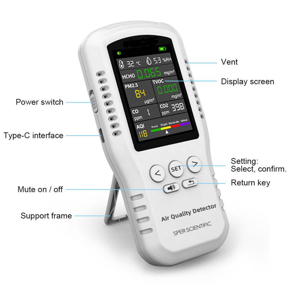 Handheld air quality monitor by Sper Scientific, featuring a digital display screen and multiple testing parameters.