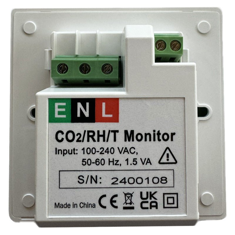 Hardwired CO2, humidity, and temperature IAQ monitor with dual power input by Sper Scientific, showing the back view.
